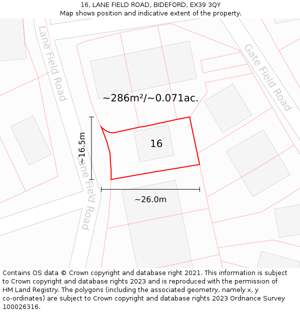 16, LANE FIELD ROAD, BIDEFORD, EX39 3QY: Plot and title map