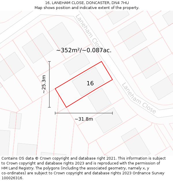 16, LANEHAM CLOSE, DONCASTER, DN4 7HU: Plot and title map