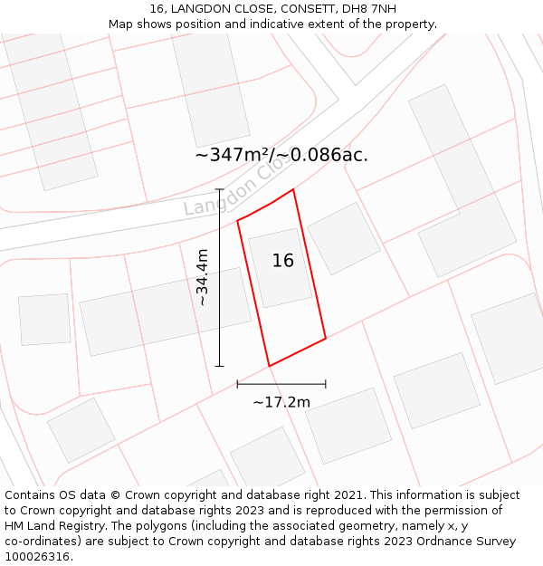 16, LANGDON CLOSE, CONSETT, DH8 7NH: Plot and title map