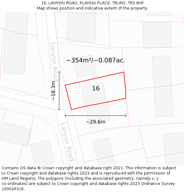 16, LANYON ROAD, PLAYING PLACE, TRURO, TR3 6HF: Plot and title map
