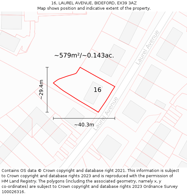 16, LAUREL AVENUE, BIDEFORD, EX39 3AZ: Plot and title map