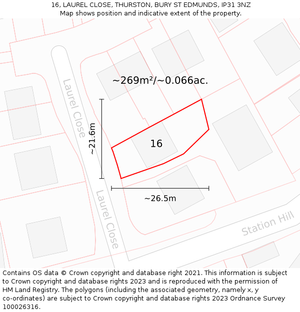 16, LAUREL CLOSE, THURSTON, BURY ST EDMUNDS, IP31 3NZ: Plot and title map