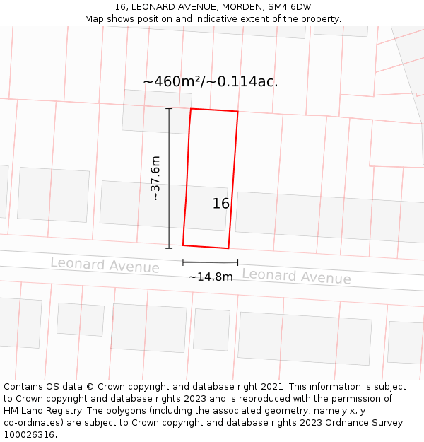 16, LEONARD AVENUE, MORDEN, SM4 6DW: Plot and title map