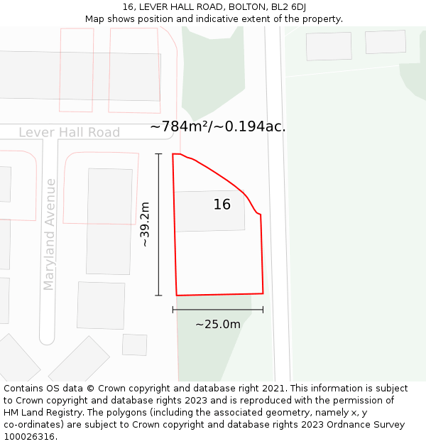 16, LEVER HALL ROAD, BOLTON, BL2 6DJ: Plot and title map