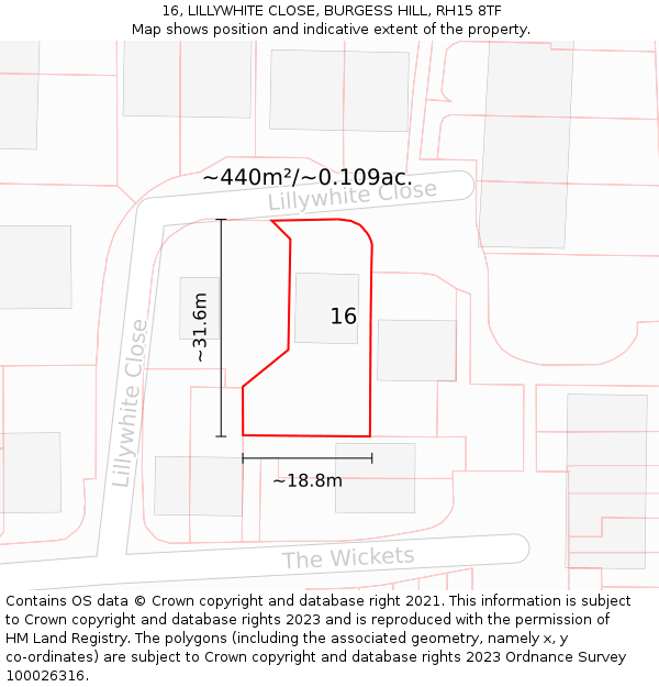 16, LILLYWHITE CLOSE, BURGESS HILL, RH15 8TF: Plot and title map