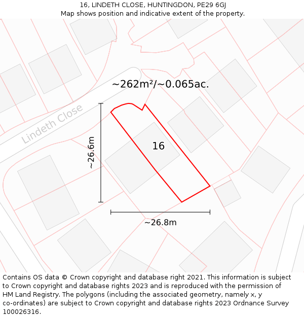 16, LINDETH CLOSE, HUNTINGDON, PE29 6GJ: Plot and title map