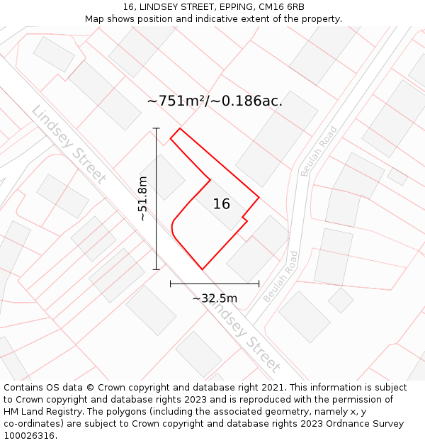 16, LINDSEY STREET, EPPING, CM16 6RB: Plot and title map