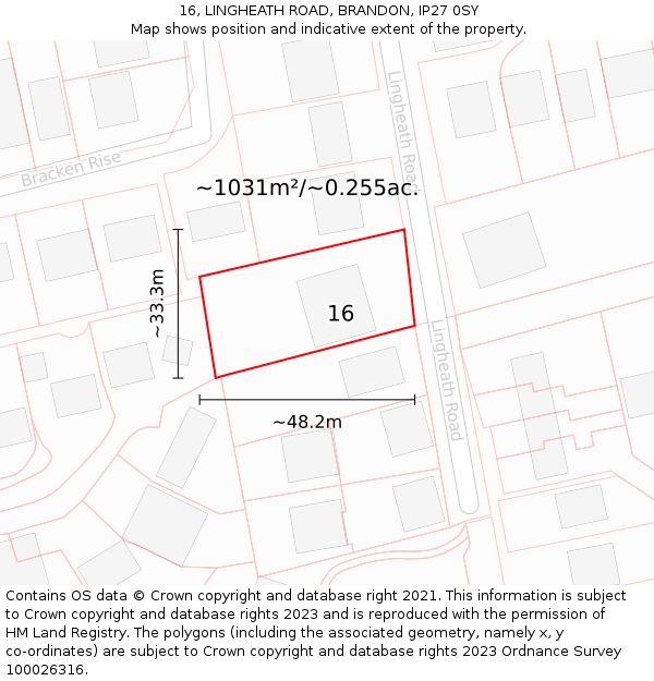 16, LINGHEATH ROAD, BRANDON, IP27 0SY: Plot and title map