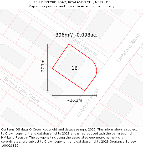 16, LINTZFORD ROAD, ROWLANDS GILL, NE39 1DF: Plot and title map