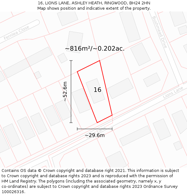 16, LIONS LANE, ASHLEY HEATH, RINGWOOD, BH24 2HN: Plot and title map