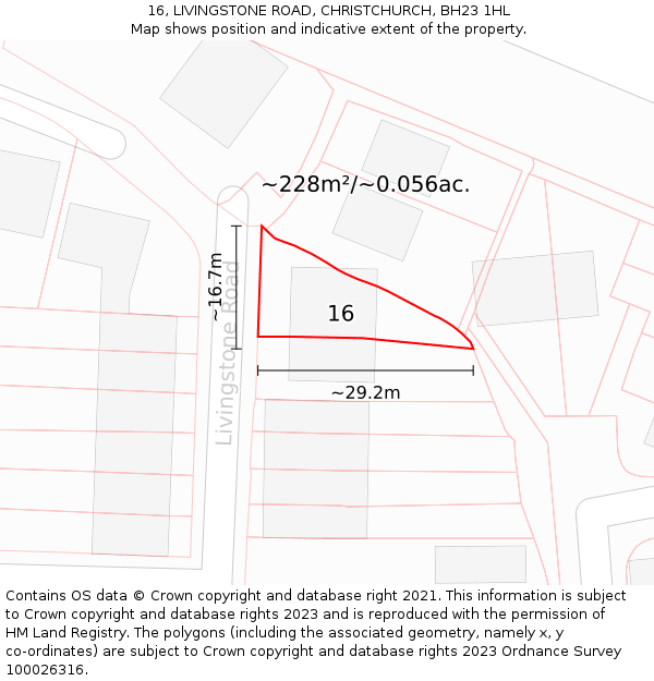 16, LIVINGSTONE ROAD, CHRISTCHURCH, BH23 1HL: Plot and title map