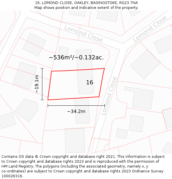 16, LOMOND CLOSE, OAKLEY, BASINGSTOKE, RG23 7NA: Plot and title map