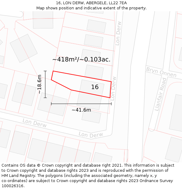 16, LON DERW, ABERGELE, LL22 7EA: Plot and title map