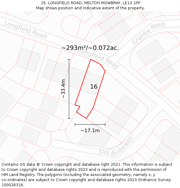 16, LONGFIELD ROAD, MELTON MOWBRAY, LE13 1PP: Plot and title map