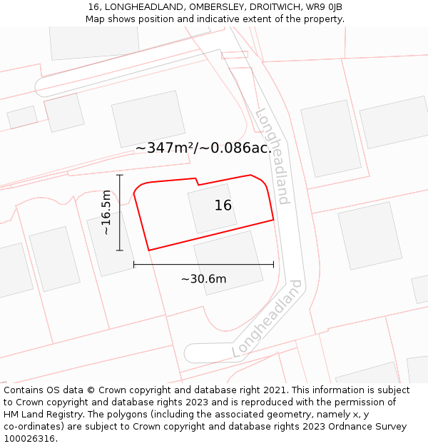 16, LONGHEADLAND, OMBERSLEY, DROITWICH, WR9 0JB: Plot and title map