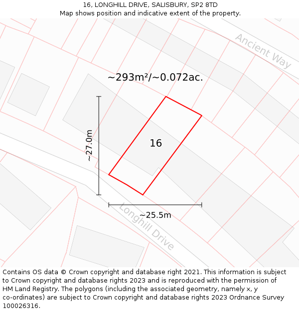 16, LONGHILL DRIVE, SALISBURY, SP2 8TD: Plot and title map