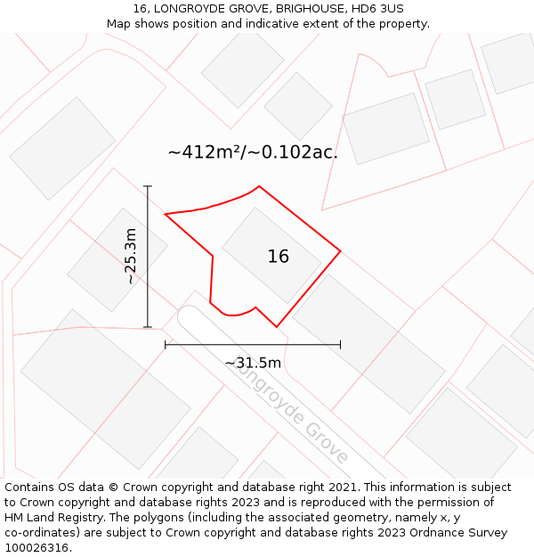 16, LONGROYDE GROVE, BRIGHOUSE, HD6 3US: Plot and title map