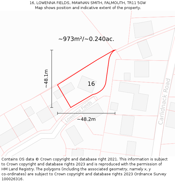 16, LOWENNA FIELDS, MAWNAN SMITH, FALMOUTH, TR11 5GW: Plot and title map