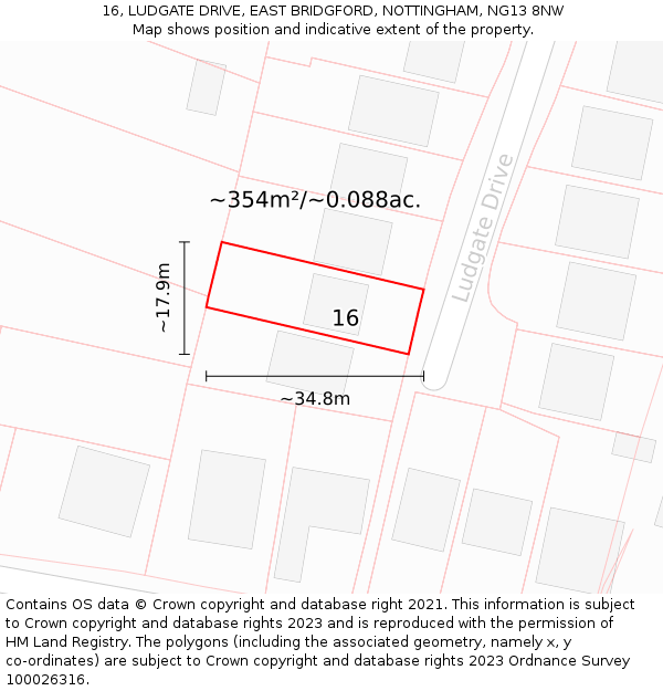 16, LUDGATE DRIVE, EAST BRIDGFORD, NOTTINGHAM, NG13 8NW: Plot and title map