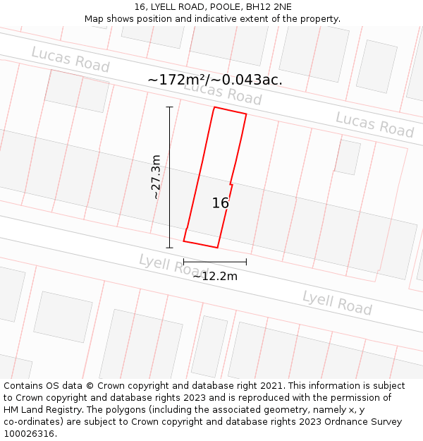 16, LYELL ROAD, POOLE, BH12 2NE: Plot and title map