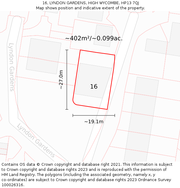 16, LYNDON GARDENS, HIGH WYCOMBE, HP13 7QJ: Plot and title map