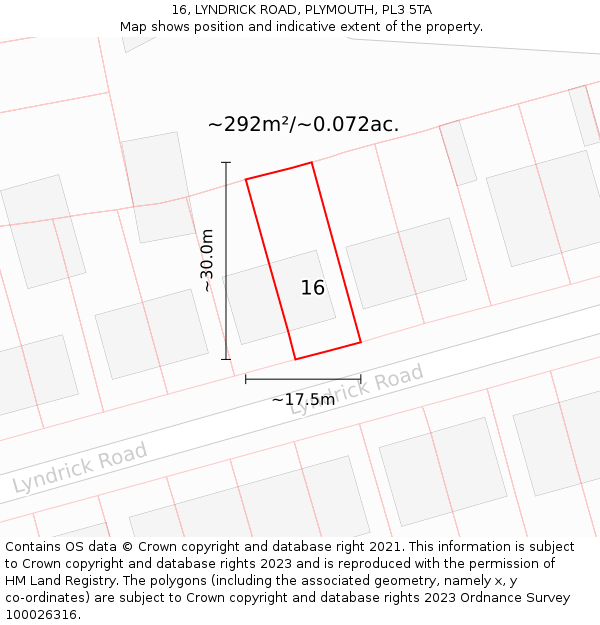 16, LYNDRICK ROAD, PLYMOUTH, PL3 5TA: Plot and title map