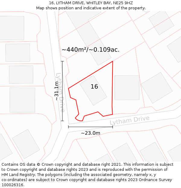 16, LYTHAM DRIVE, WHITLEY BAY, NE25 9HZ: Plot and title map