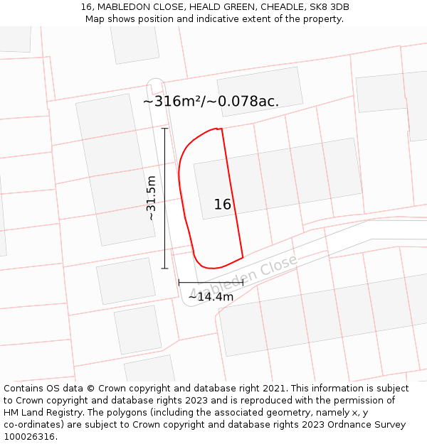 16, MABLEDON CLOSE, HEALD GREEN, CHEADLE, SK8 3DB: Plot and title map