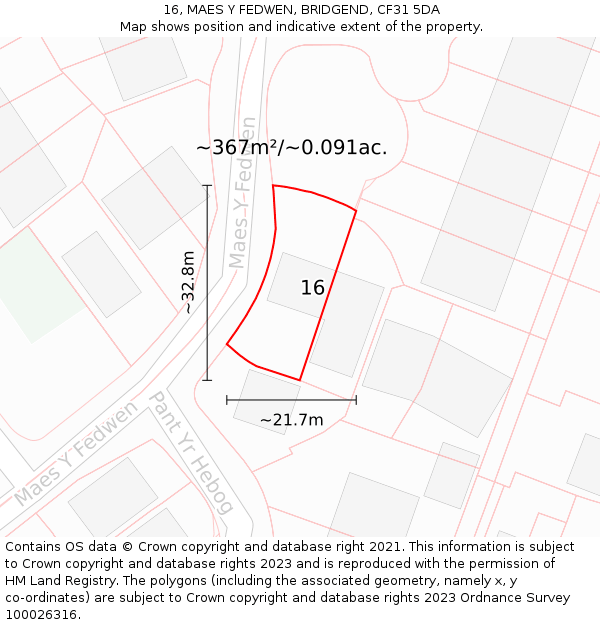 16, MAES Y FEDWEN, BRIDGEND, CF31 5DA: Plot and title map