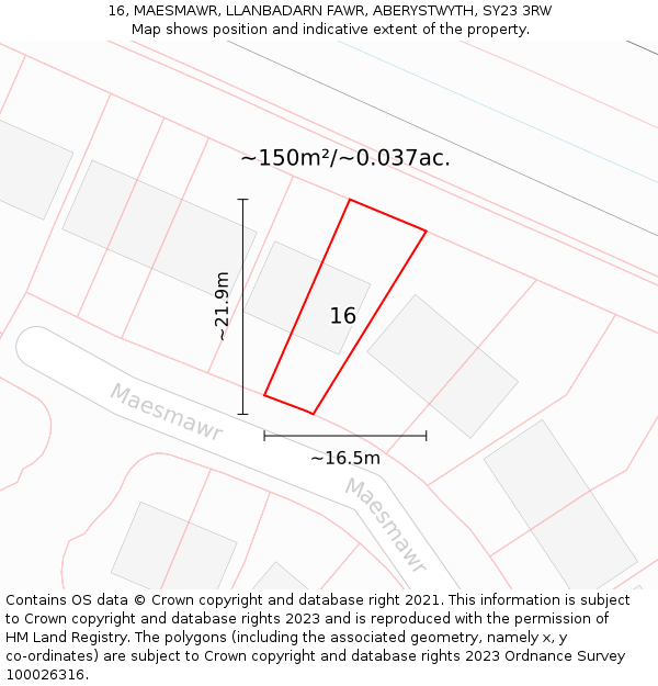 16, MAESMAWR, LLANBADARN FAWR, ABERYSTWYTH, SY23 3RW: Plot and title map