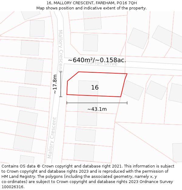 16, MALLORY CRESCENT, FAREHAM, PO16 7QH: Plot and title map