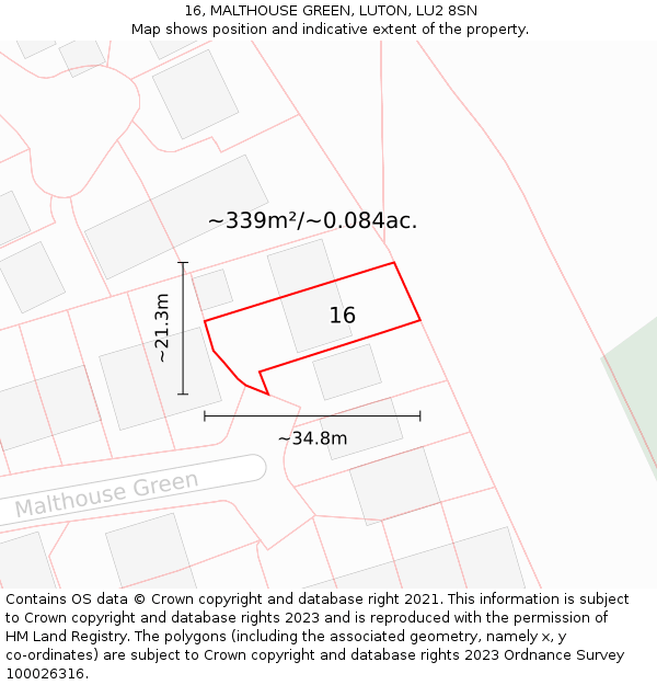 16, MALTHOUSE GREEN, LUTON, LU2 8SN: Plot and title map