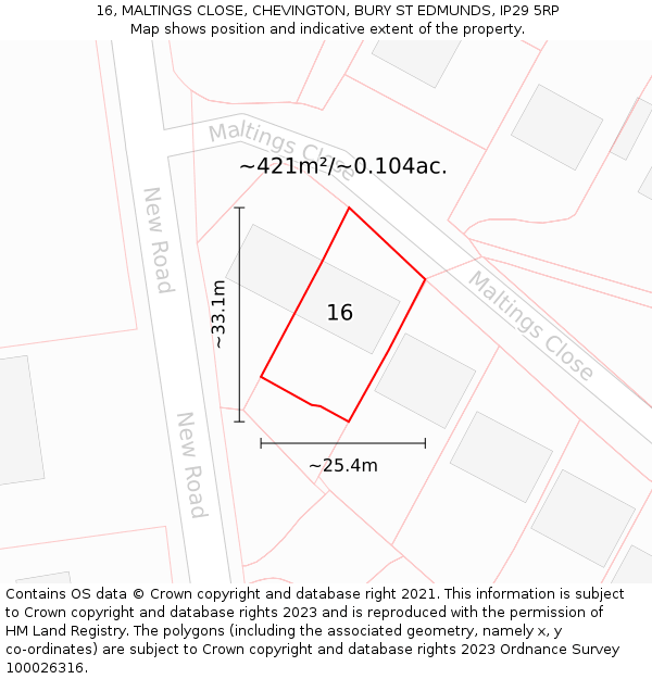 16, MALTINGS CLOSE, CHEVINGTON, BURY ST EDMUNDS, IP29 5RP: Plot and title map