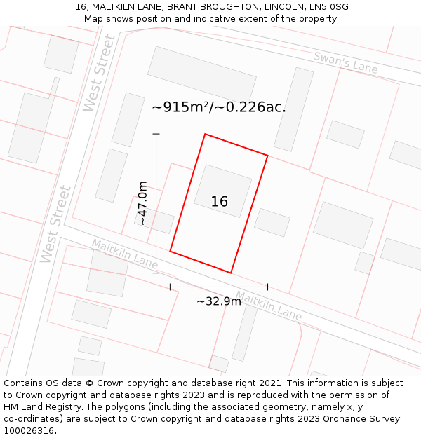 16, MALTKILN LANE, BRANT BROUGHTON, LINCOLN, LN5 0SG: Plot and title map