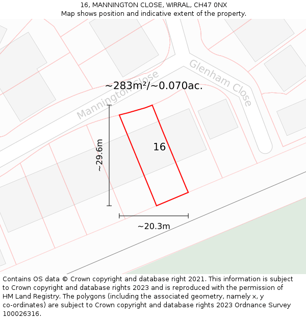16, MANNINGTON CLOSE, WIRRAL, CH47 0NX: Plot and title map
