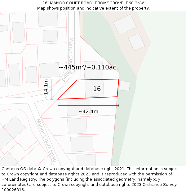 16, MANOR COURT ROAD, BROMSGROVE, B60 3NW: Plot and title map