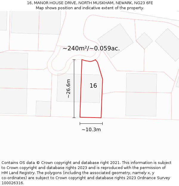 16, MANOR HOUSE DRIVE, NORTH MUSKHAM, NEWARK, NG23 6FE: Plot and title map