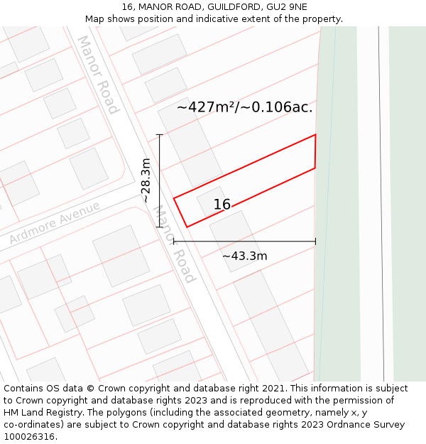 16, MANOR ROAD, GUILDFORD, GU2 9NE: Plot and title map