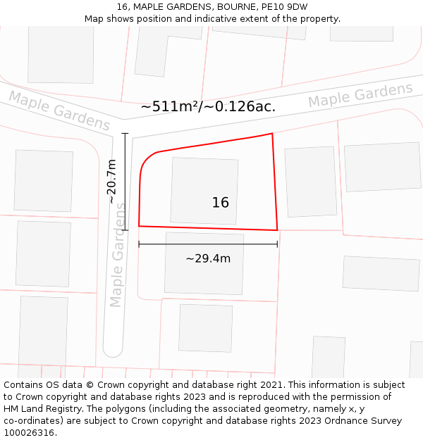 16, MAPLE GARDENS, BOURNE, PE10 9DW: Plot and title map