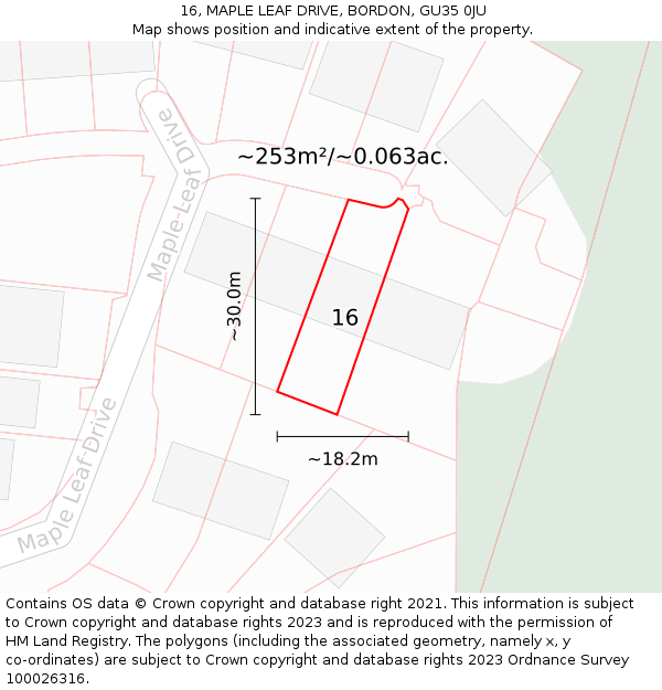 16, MAPLE LEAF DRIVE, BORDON, GU35 0JU: Plot and title map