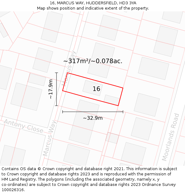 16, MARCUS WAY, HUDDERSFIELD, HD3 3YA: Plot and title map