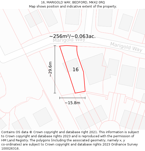 16, MARIGOLD WAY, BEDFORD, MK42 0RQ: Plot and title map