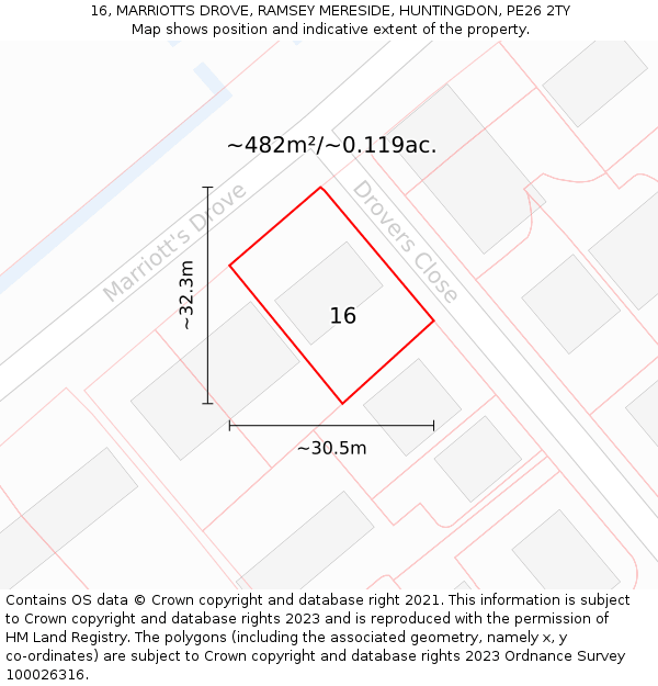 16, MARRIOTTS DROVE, RAMSEY MERESIDE, HUNTINGDON, PE26 2TY: Plot and title map