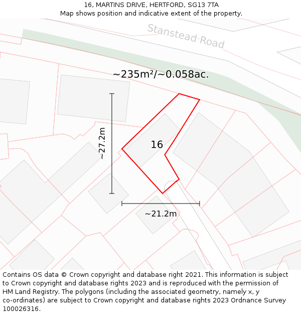 16, MARTINS DRIVE, HERTFORD, SG13 7TA: Plot and title map