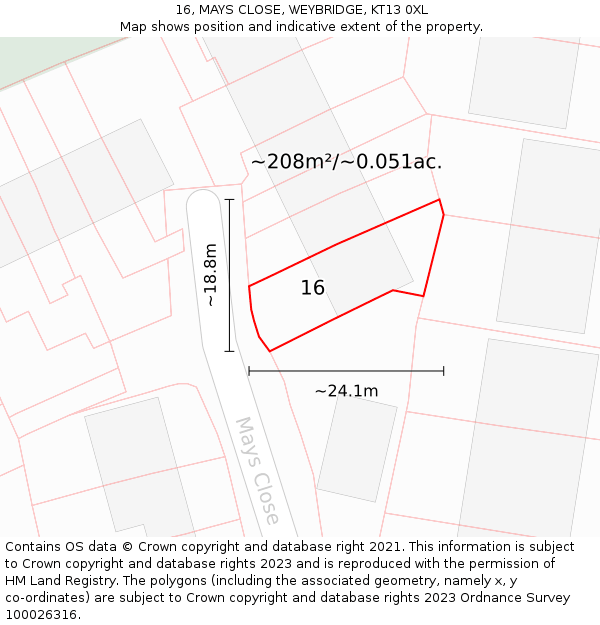 16, MAYS CLOSE, WEYBRIDGE, KT13 0XL: Plot and title map