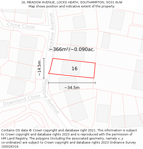 16, MEADOW AVENUE, LOCKS HEATH, SOUTHAMPTON, SO31 6UW: Plot and title map