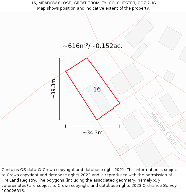 16, MEADOW CLOSE, GREAT BROMLEY, COLCHESTER, CO7 7UG: Plot and title map