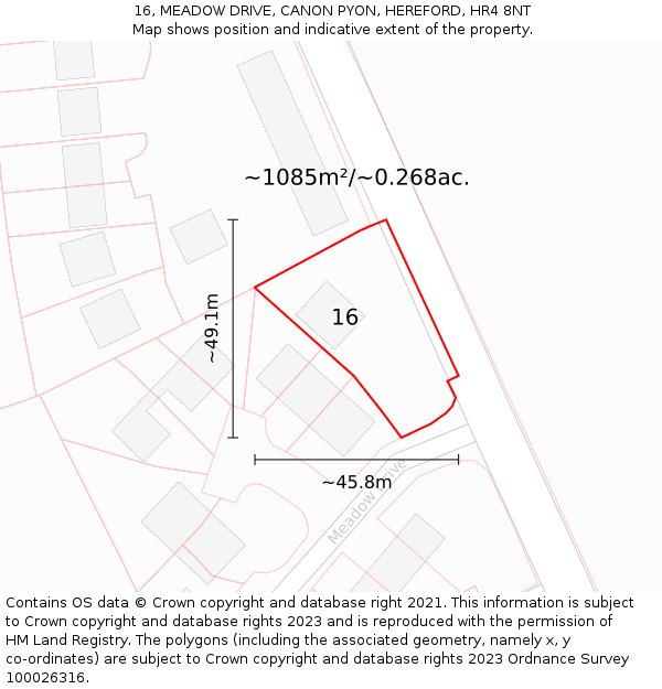 16, MEADOW DRIVE, CANON PYON, HEREFORD, HR4 8NT: Plot and title map