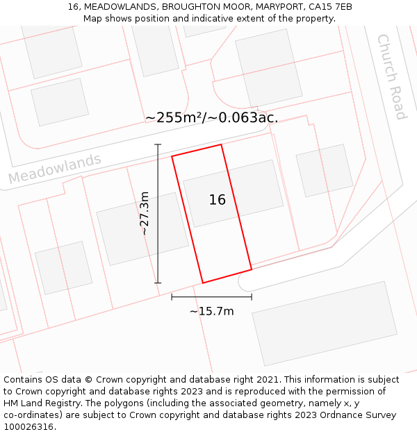 16, MEADOWLANDS, BROUGHTON MOOR, MARYPORT, CA15 7EB: Plot and title map