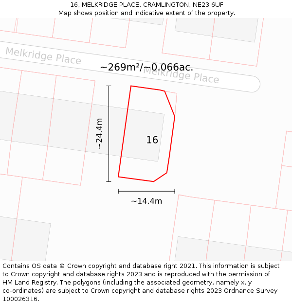 16, MELKRIDGE PLACE, CRAMLINGTON, NE23 6UF: Plot and title map